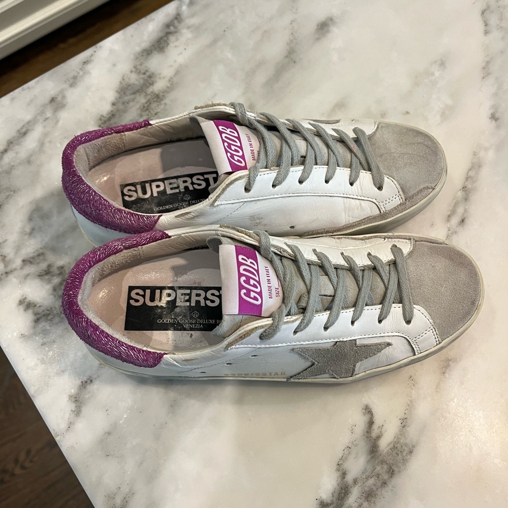 Golden Goose White Sneakers with Pink Heel Tab and Gray Star - Picture 5 of 6